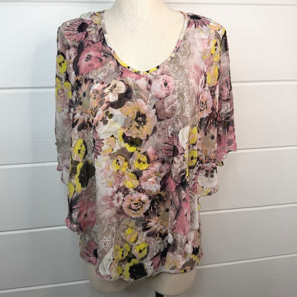 Liz McCoy Y2K Floral Fairy Top Small‎ Flowy Blouse Overlay Pink Yellow